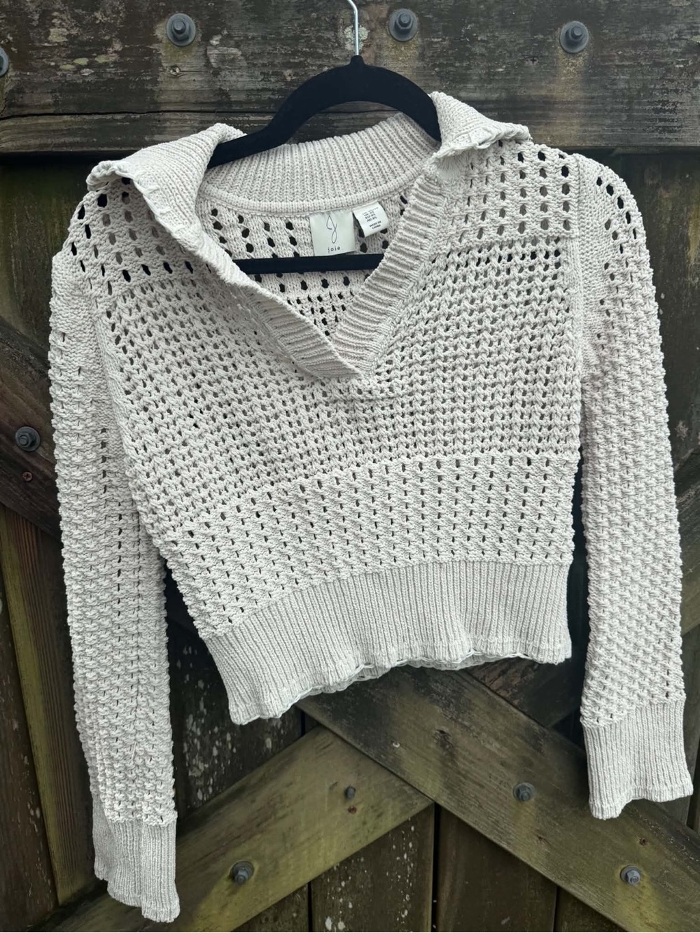 Joie Cream Open-Knit V-Neck Sweater with Collar